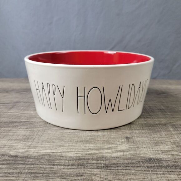 Rae Dunn Artisan Collection Ceramic White & Red Deck the Paws Dog Bowl - Picture 1 of 6